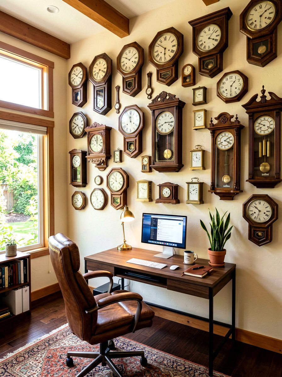 Vintage clock collection wall display - 30 heirloom decor ideas