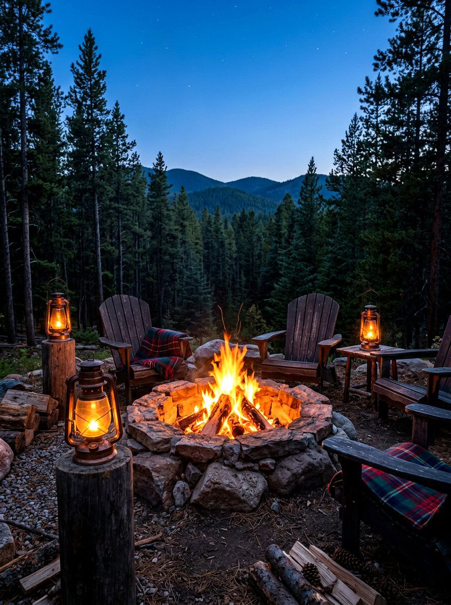 Vintage copper lanterns near fire pit - 30 candle lantern patio styling ideas