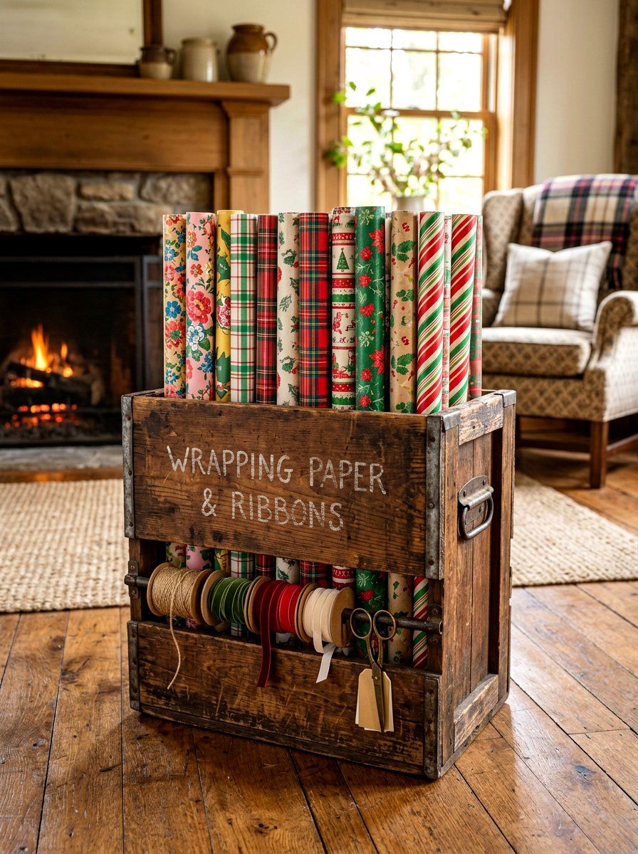 Vintage crate wrapping paper holder - 30 wrapping paper storage ideas