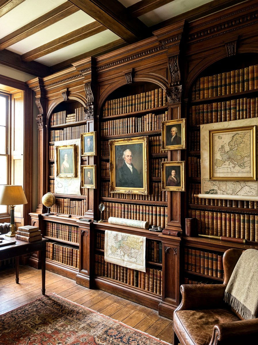 Vintage dark wood bookshelf - 30 bookshelf styling living room ideas
