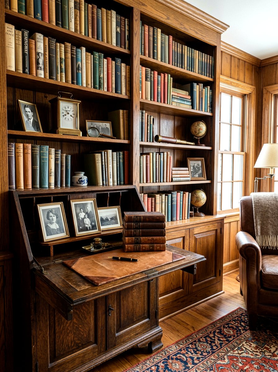 Vintage desk bookshelf display - 30 office bookshelf styling ideas