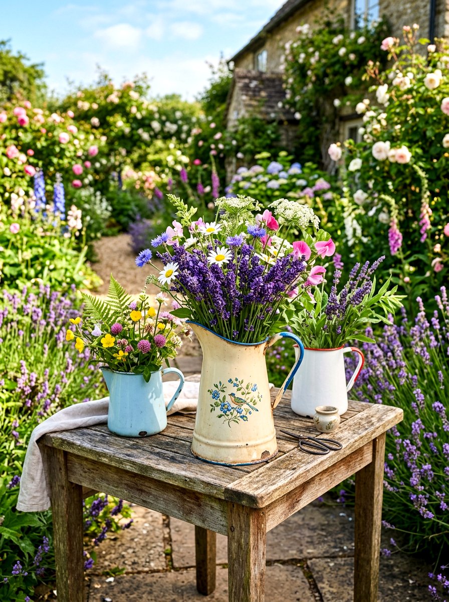 Vintage enamelware pitchers - 30 vintage garden decor ideas