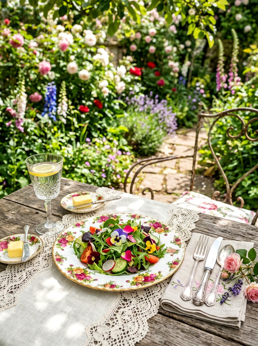 Vintage floral china salad setting - 30 garden salad tablescape ideas