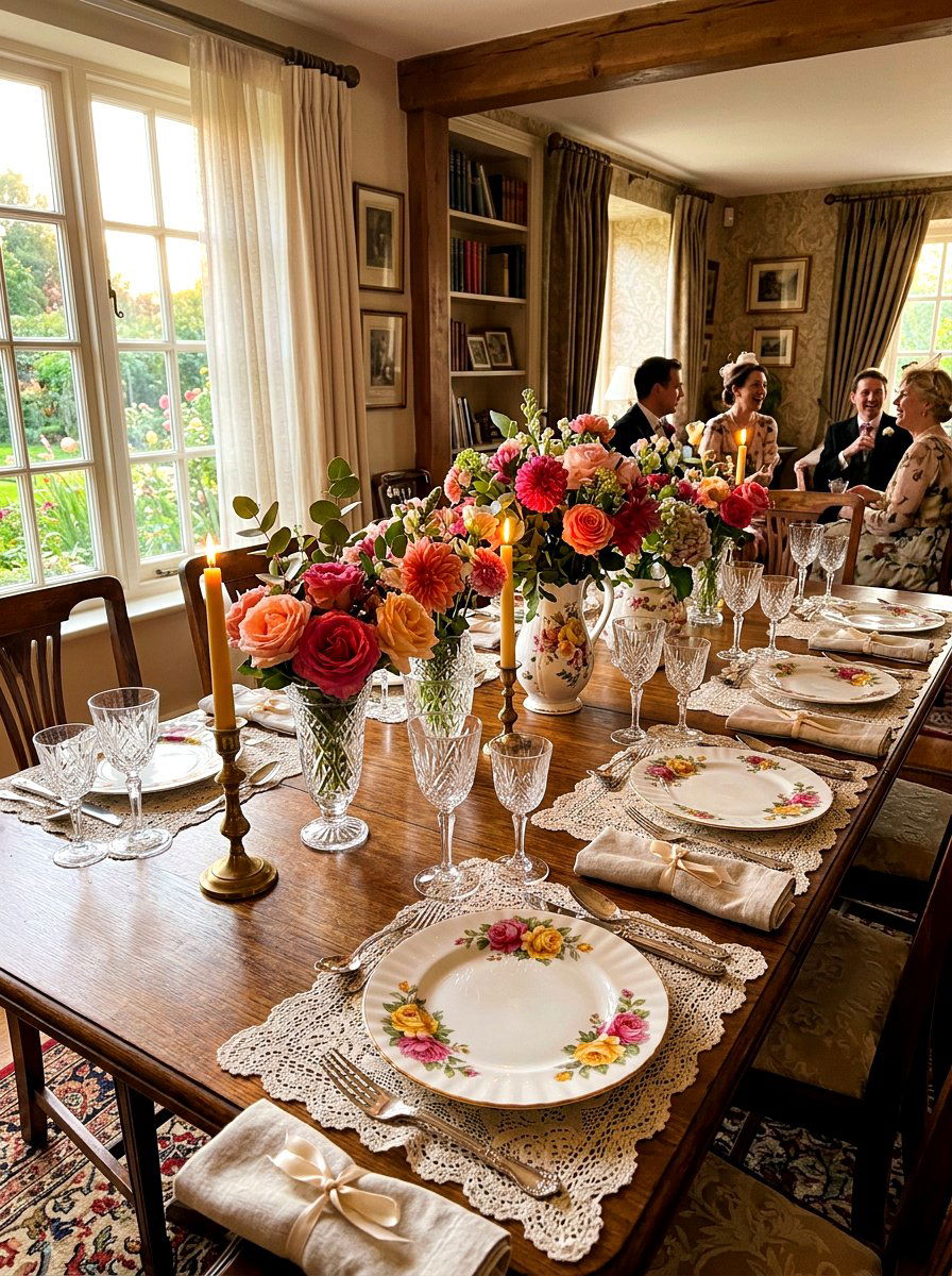 Vintage floral dinner party - 30 sunset dinner table ideas