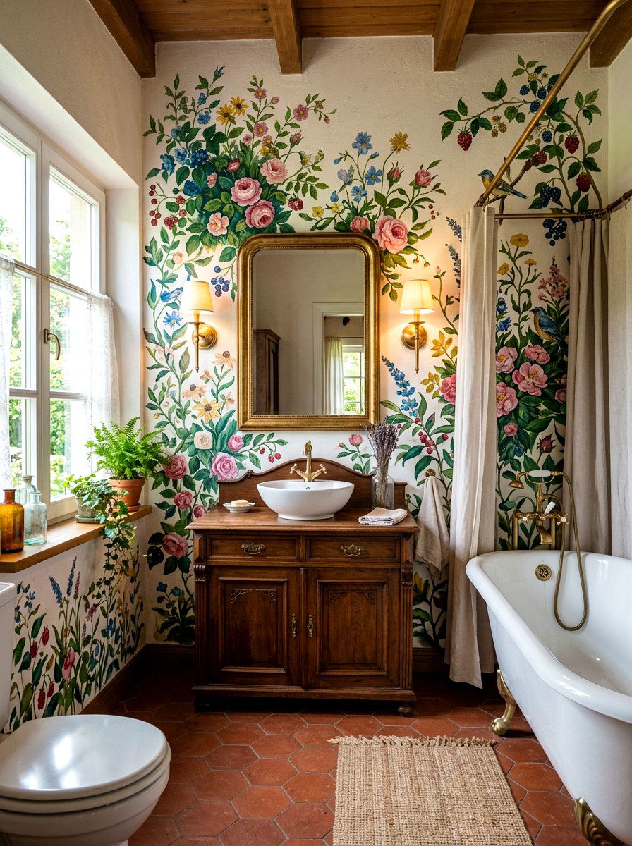 Vintage floral mural wall tile - 30 removable tile bathroom ideas