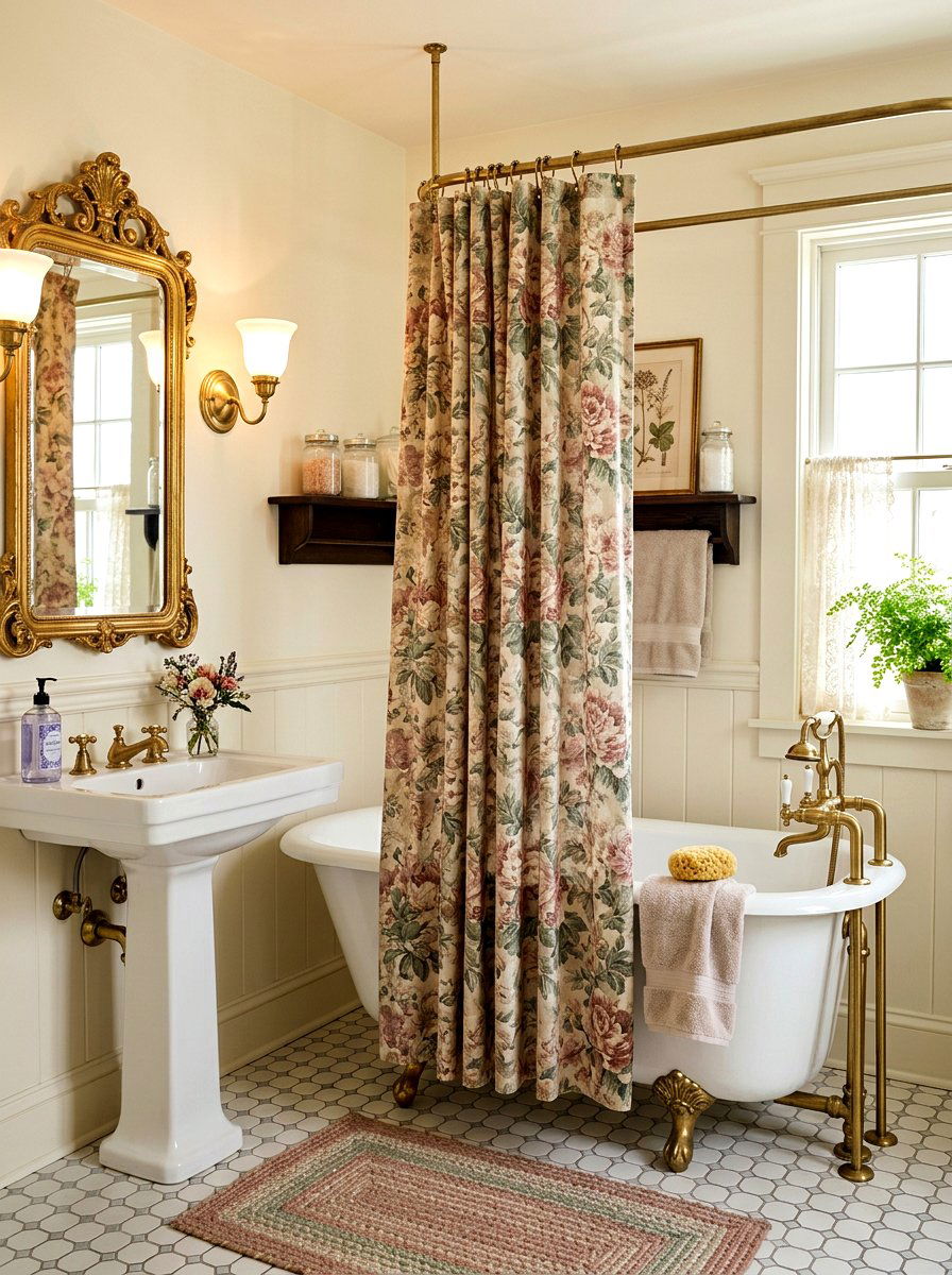 Vintage floral shower curtain - 30 shower curtain bathroom ideas
