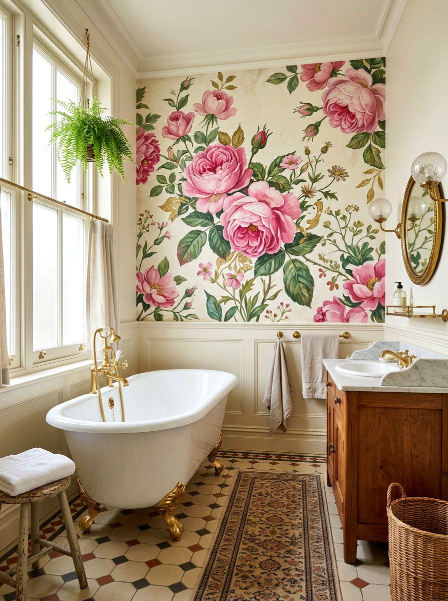Vintage floral wall mural bathroom - 30 mural bathroom ideas
