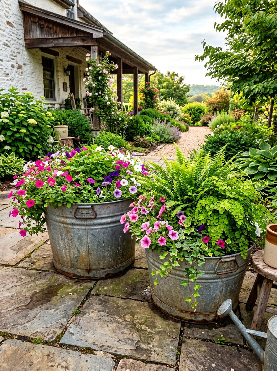 Vintage galvanized metal tubs - 30 vintage garden decor ideas