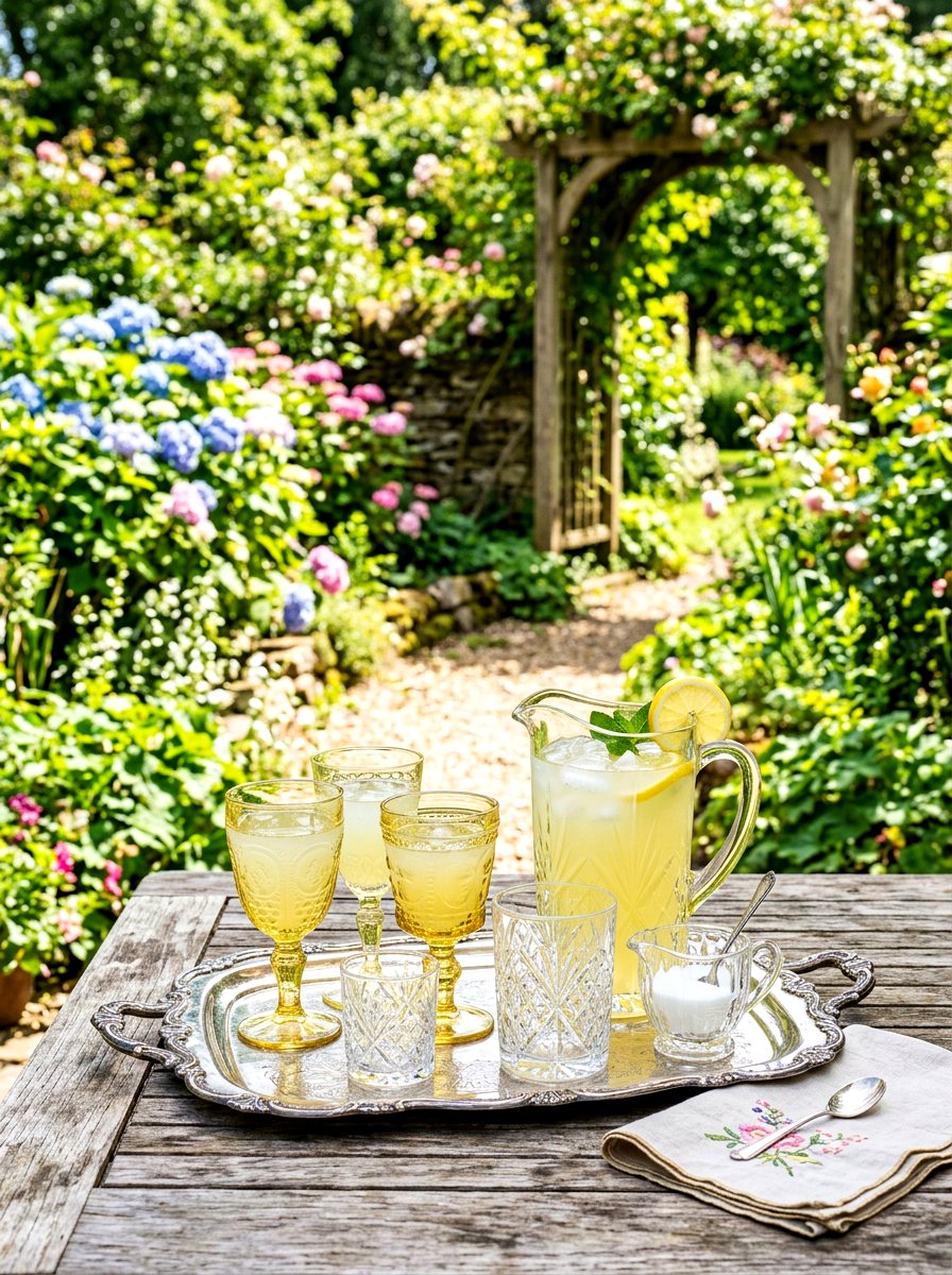 Vintage glassware for backyard drinks - 30 lemonade patio party ideas