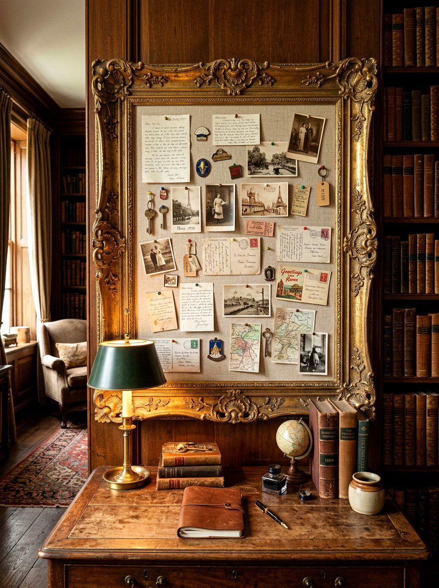 Vintage gold frame pinboard - 30 pinboard office aesthetic ideas