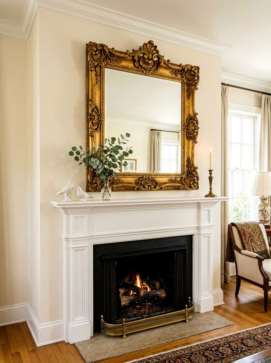 Vintage gold mirror mantel - 30 spring mantel decor ideas