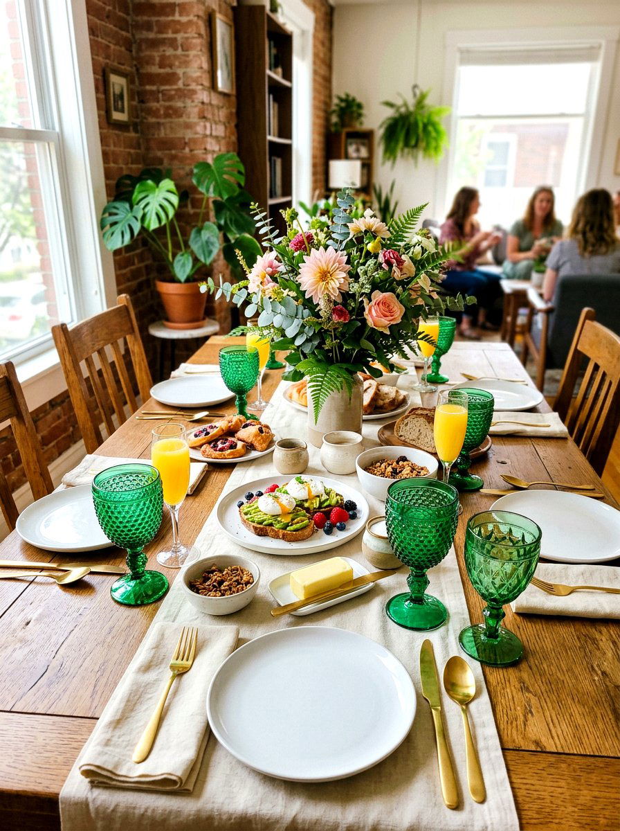 Vintage green glassware - 30 New Year brunch table ideas