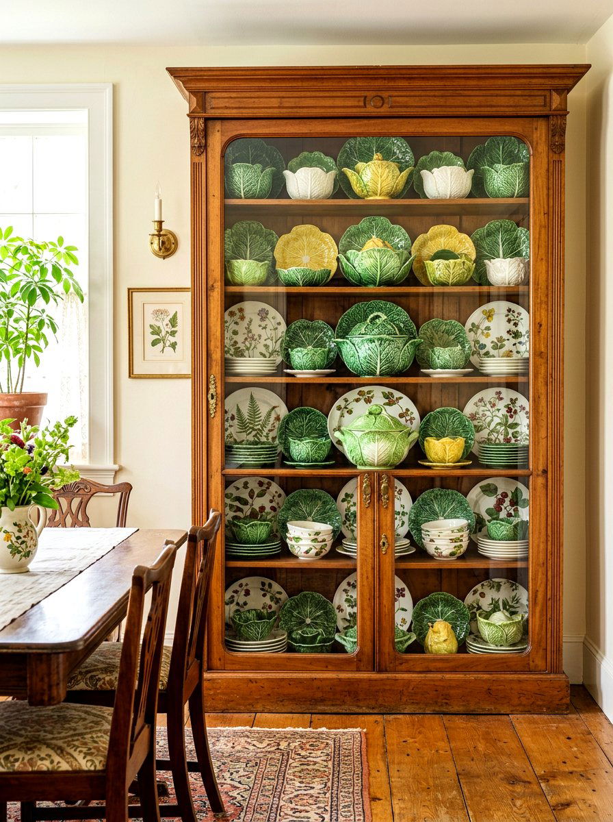 Vintage hutch filled with botanical dishes - 30 cabbagecore dining room ideas