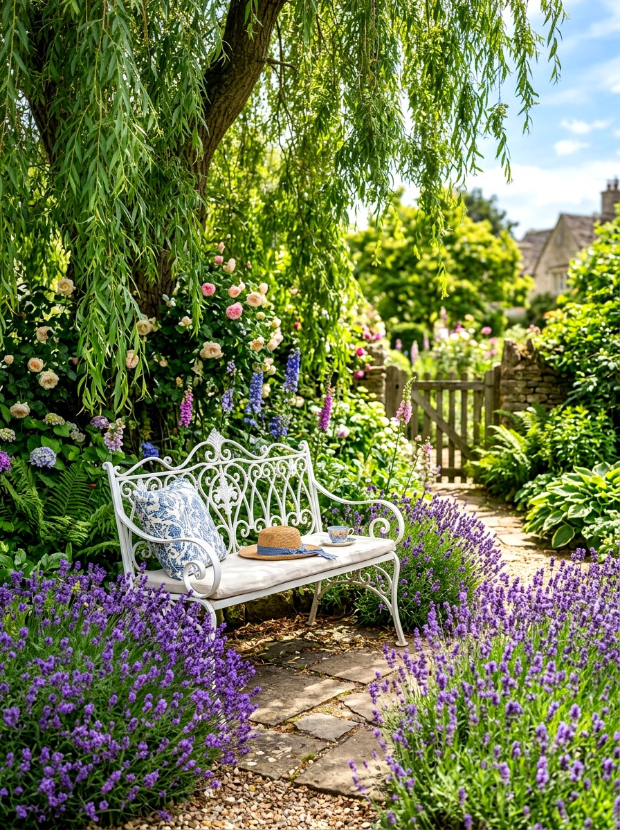 Vintage iron garden bench - 30 cottagecore garden ideas