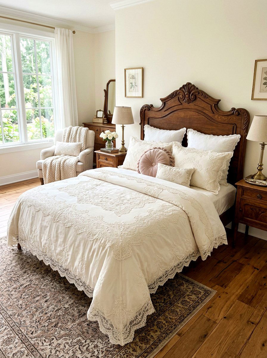 Vintage lace bedding set - 30 cottage lace bedroom ideas