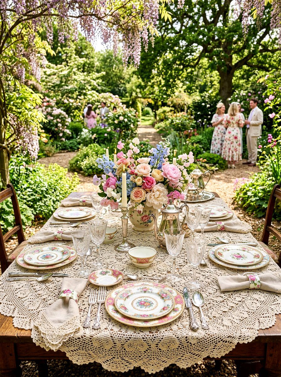 Vintage lace garden party - 30 summer patio tablescape ideas