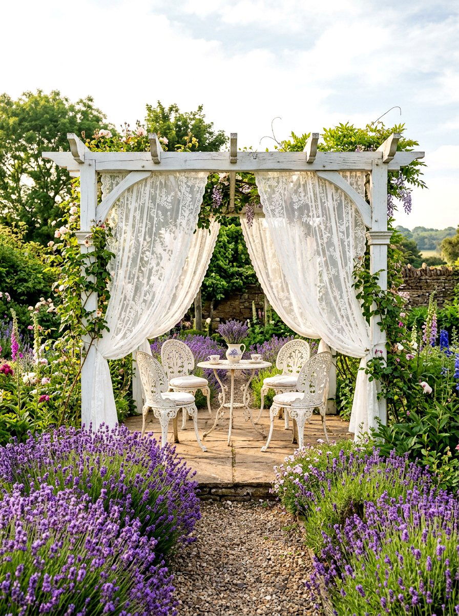 Vintage lace pergola gazebo - 30 pergola privacy curtain ideas