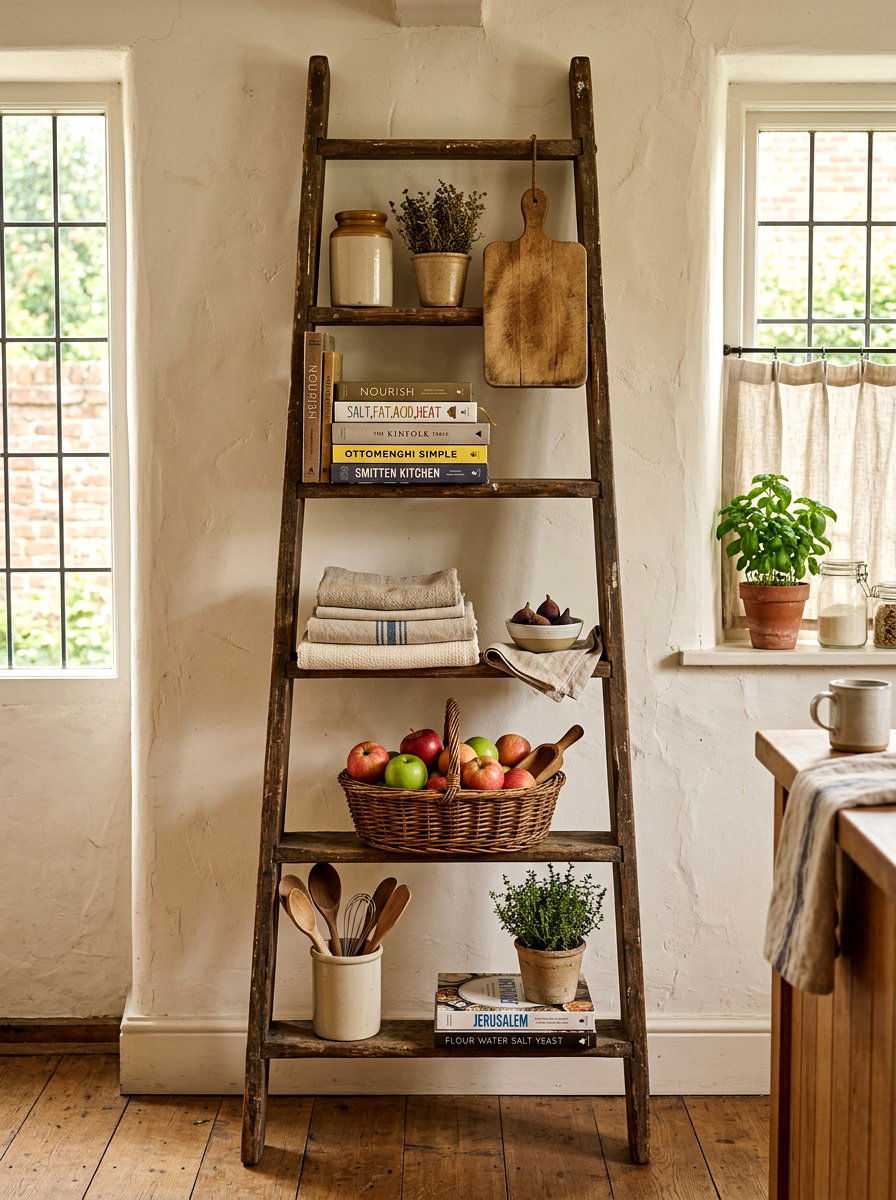 Vintage ladder shelf - 30 tiny kitchen open shelf ideas