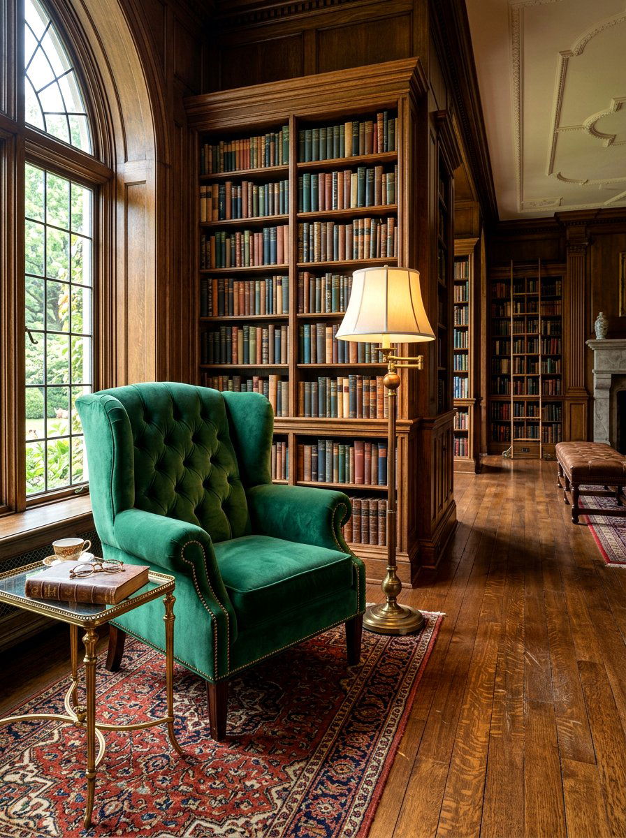 Vintage library velvet chair - 30 cozy library fall ideas