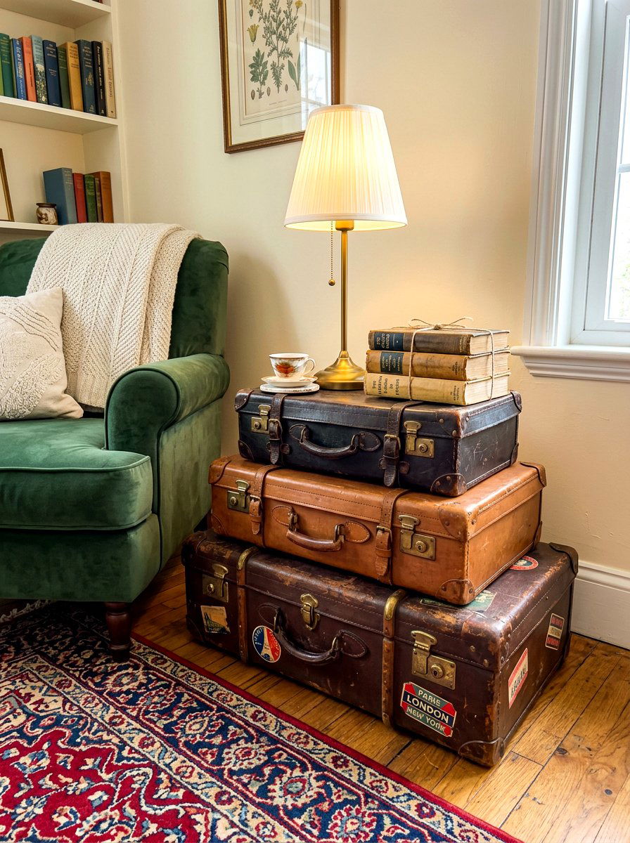 Vintage luggage stack - 30 shabby chic decor ideas