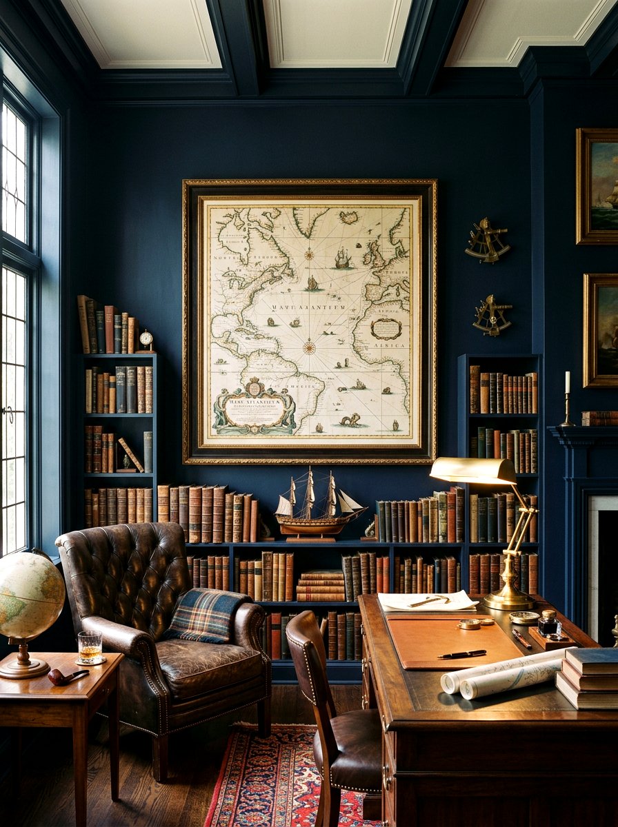 Vintage map nautical library - 30 coastal grandmother decor ideas