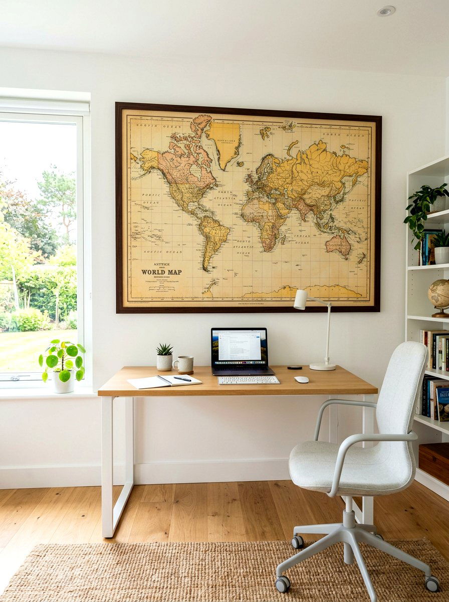 Vintage map office wall decor - 30 heirloom decor ideas