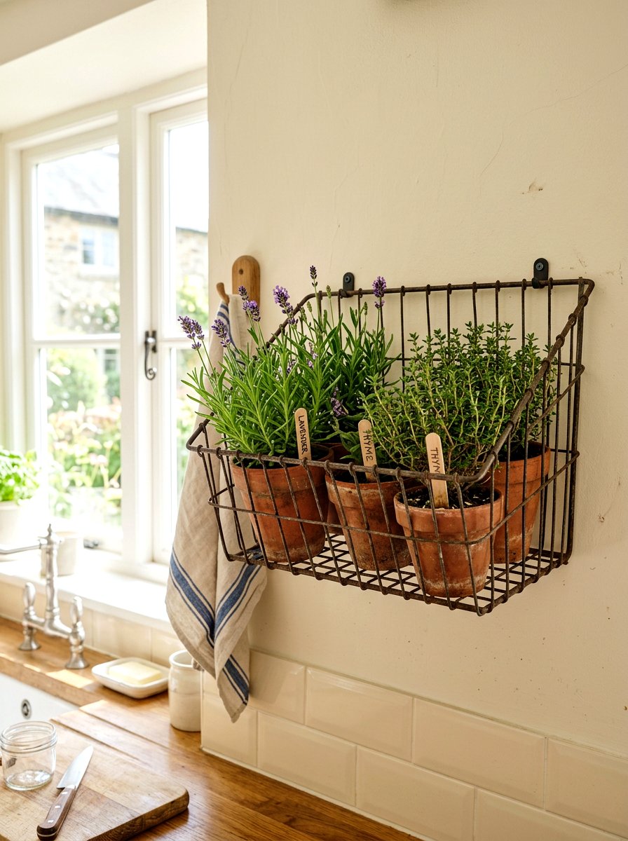 Vintage metal herb basket - 30 kitchen herb shelf ideas