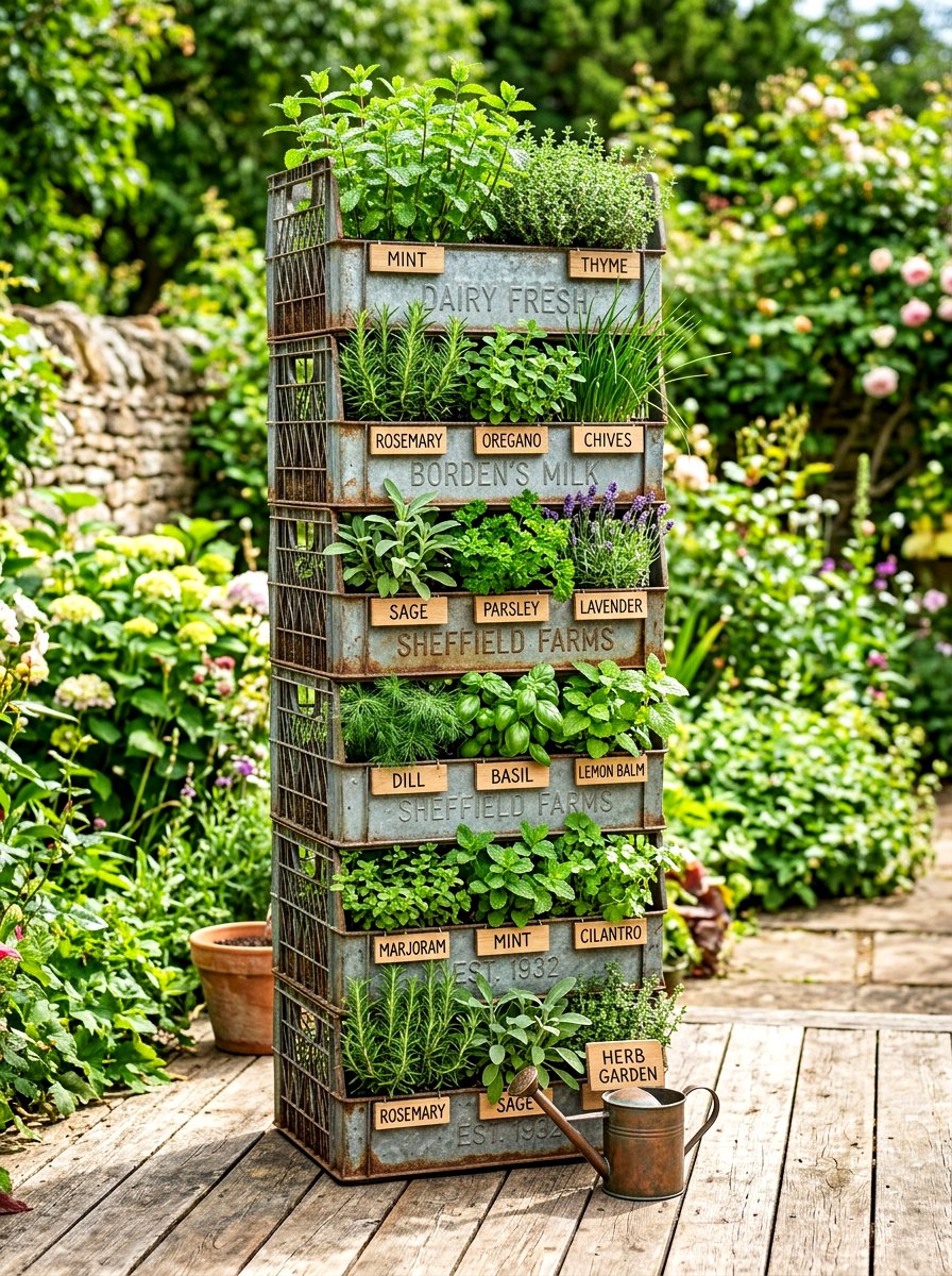 Vintage milk crates - 30 vintage garden decor ideas