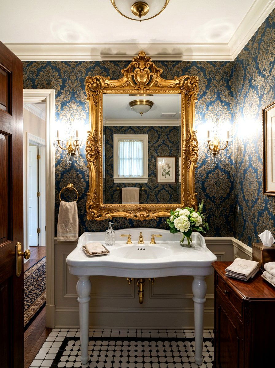 Vintage mirror with gold frame - 30 traditional powder room ideas