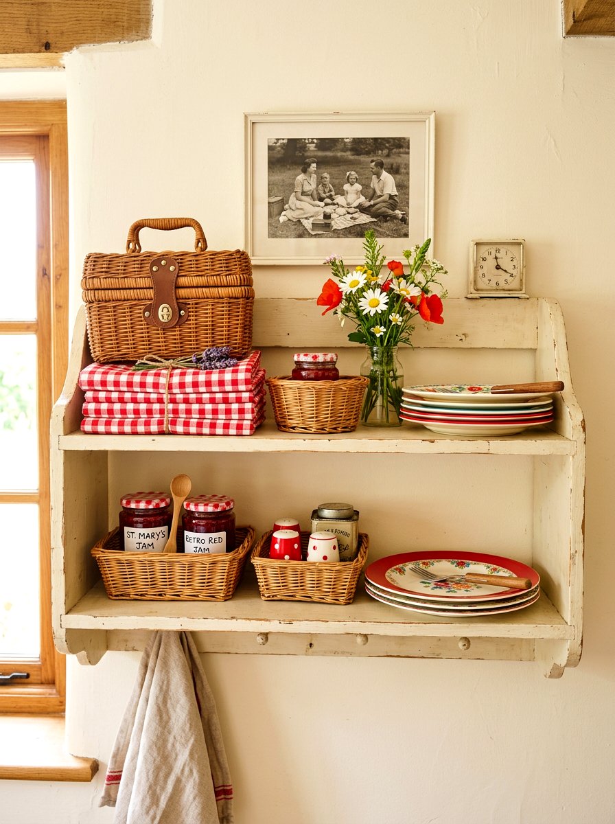 Vintage picnic shelf - 30 summer shelf decor ideas