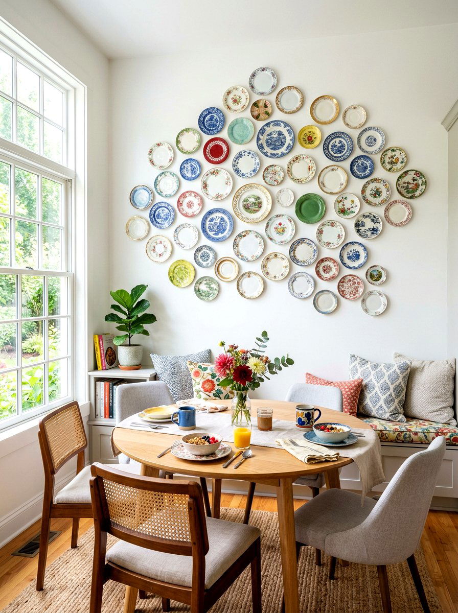 Vintage porcelain plate wall arrangement - 30 heirloom decor ideas