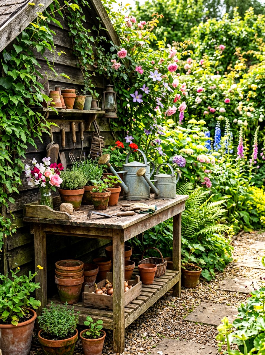 Vintage potting benches - 30 vintage garden decor ideas