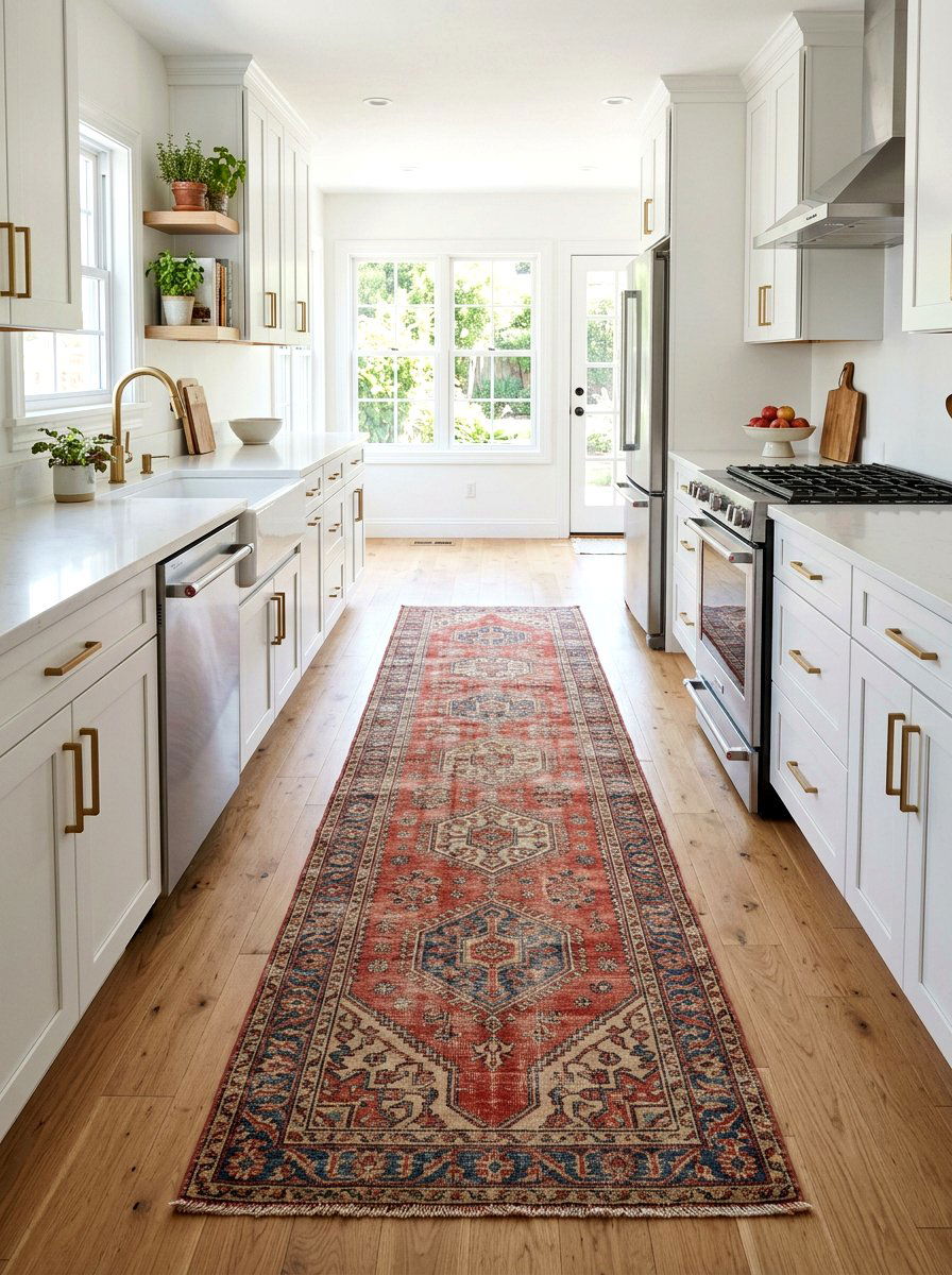 Vintage rug runner - 30 cottagecore kitchen ideas