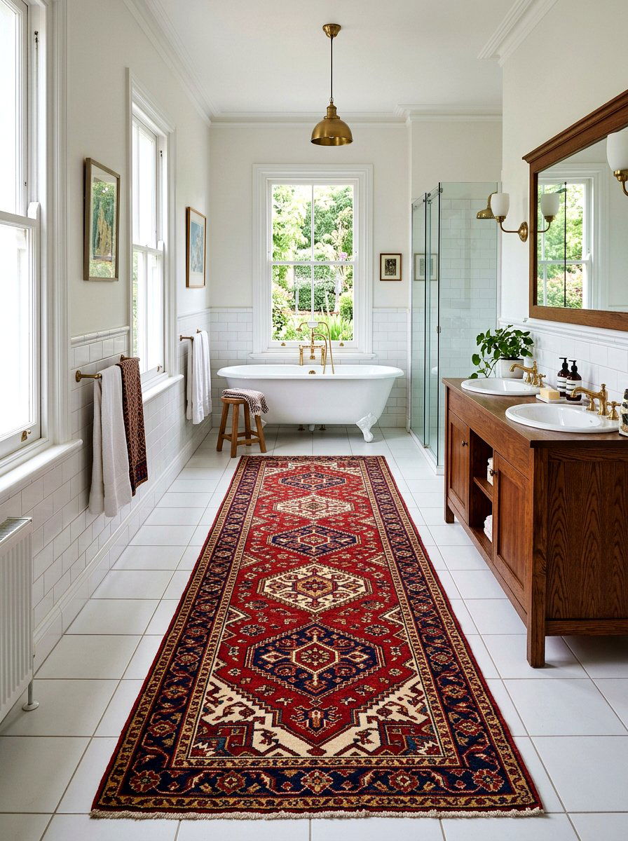 Vintage rug runner - 30 bathroom makeover ideas