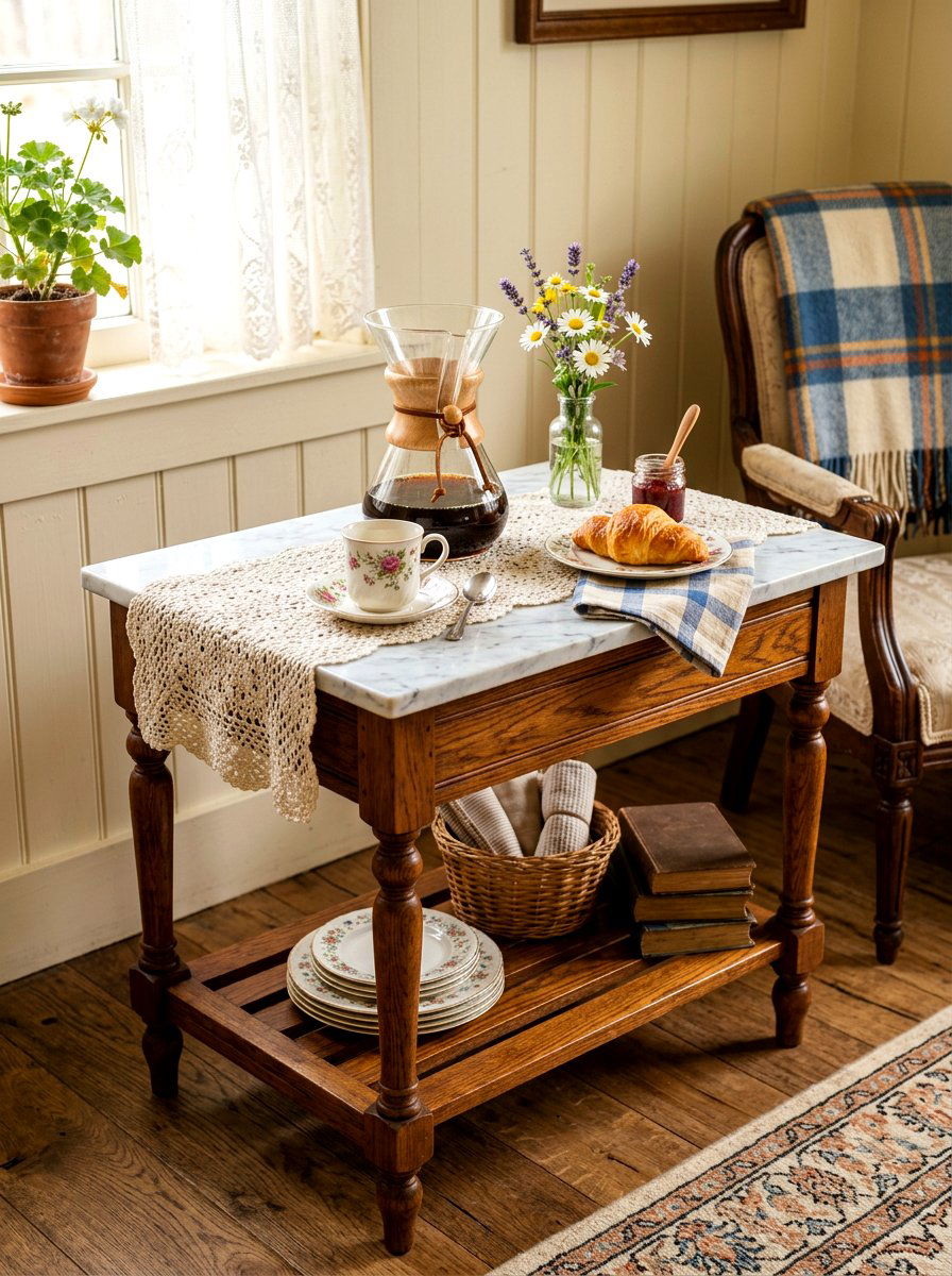 Vintage side table bar - 30 breakfast station ideas