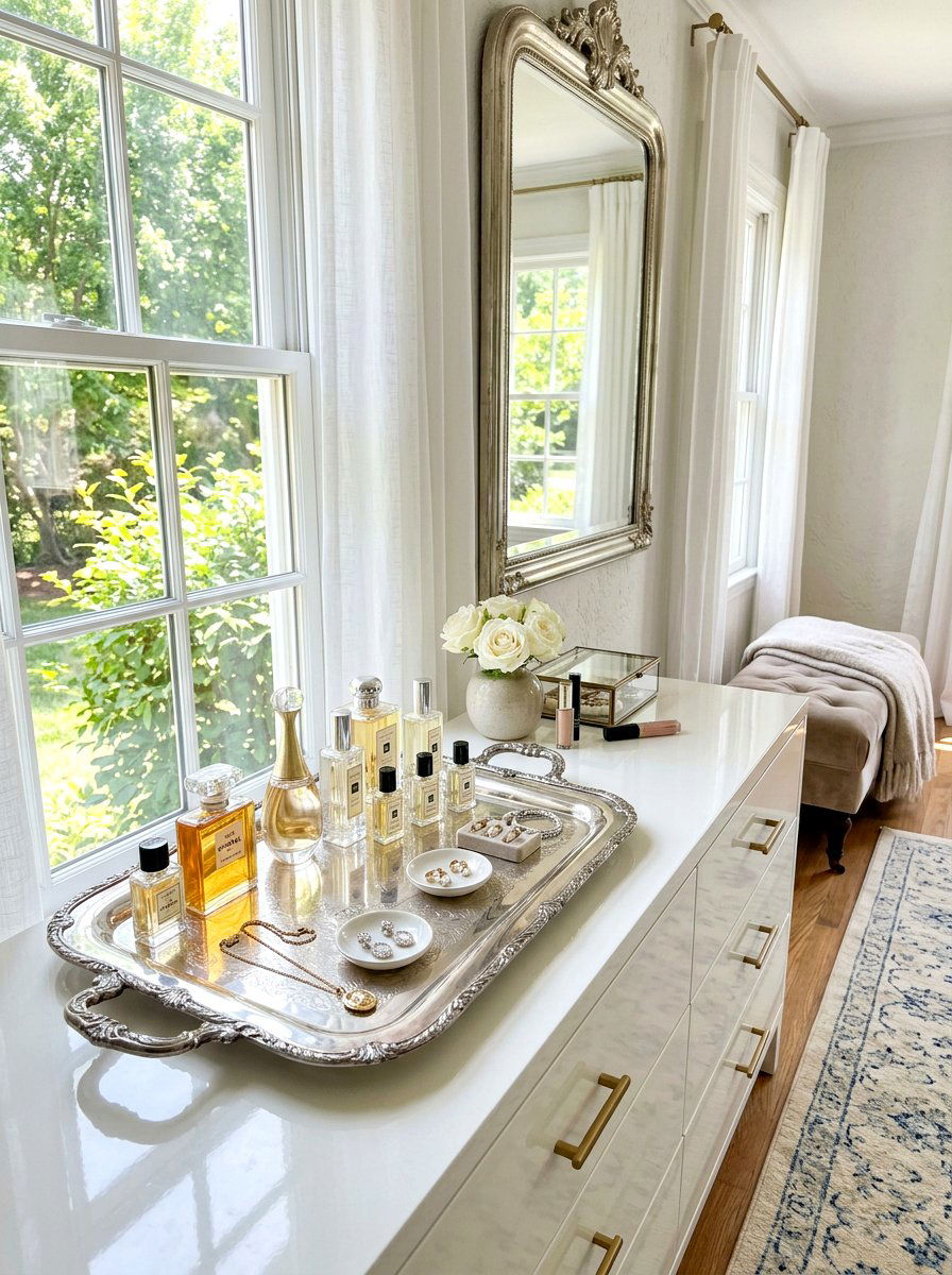Vintage silver tray vanity organizer - 30 heirloom decor ideas