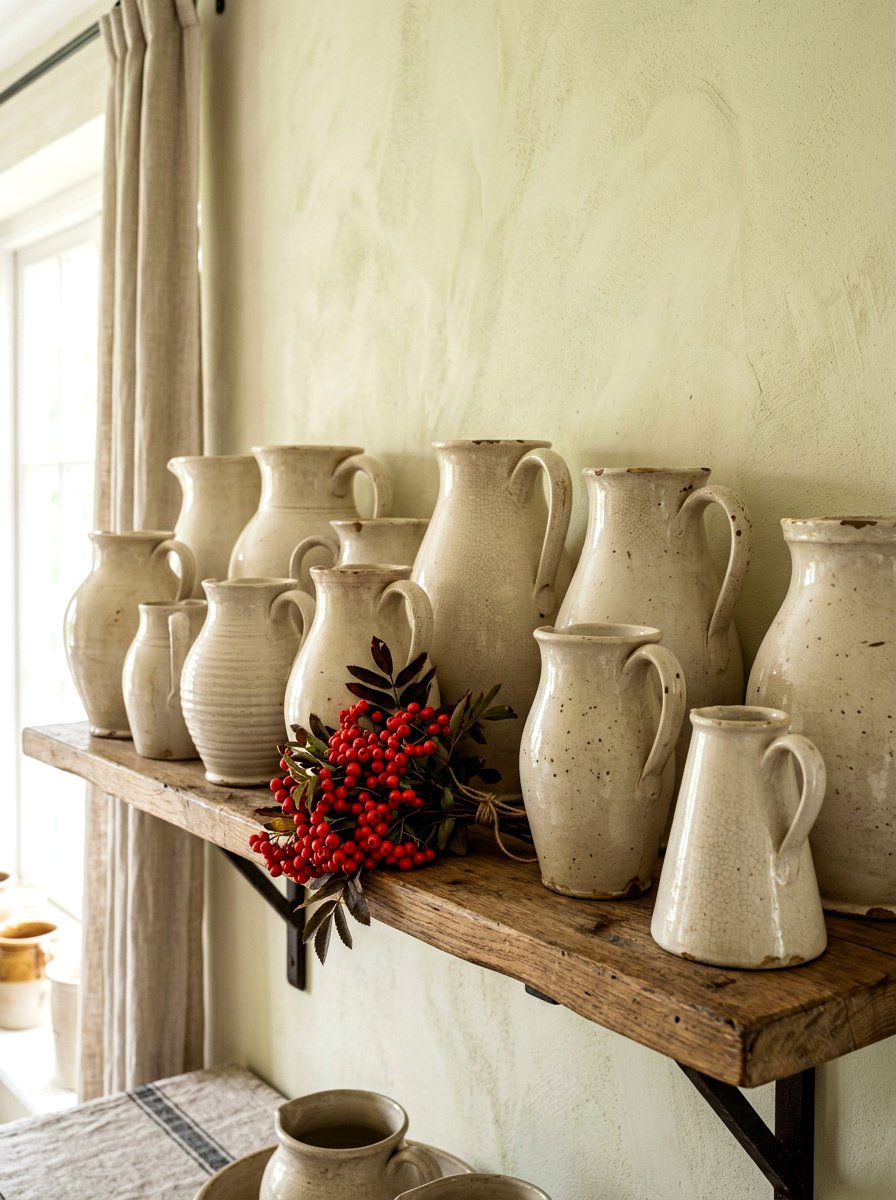 Vintage stoneware pitcher collection - 30 fall kitchen shelf decor ideas