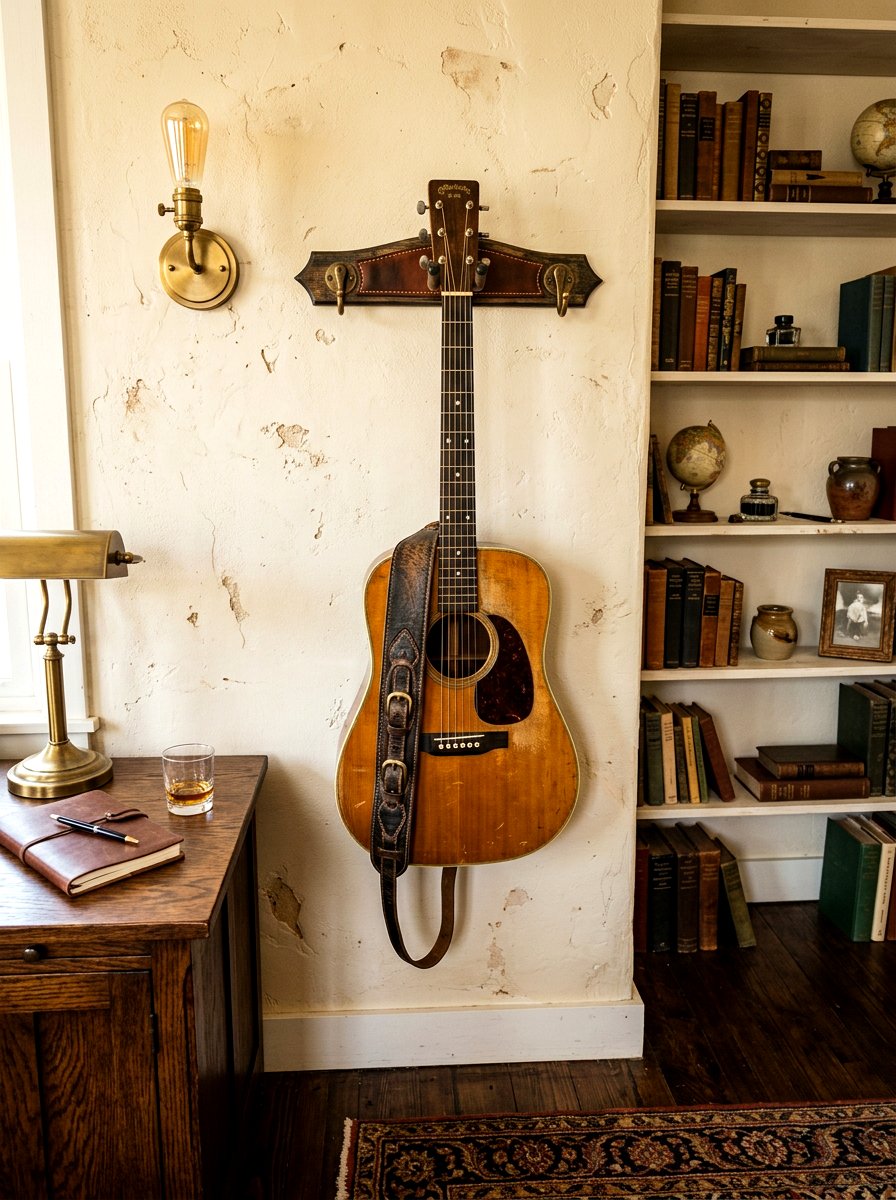 Vintage style guitar hanger - 30 guitar wall display ideas