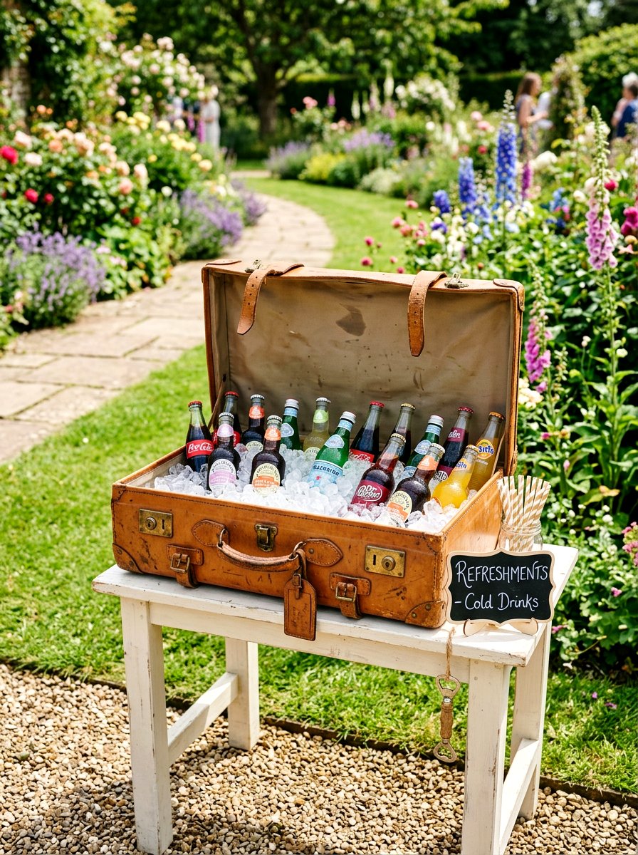 Vintage suitcase drink display - 30 drink station patio ideas