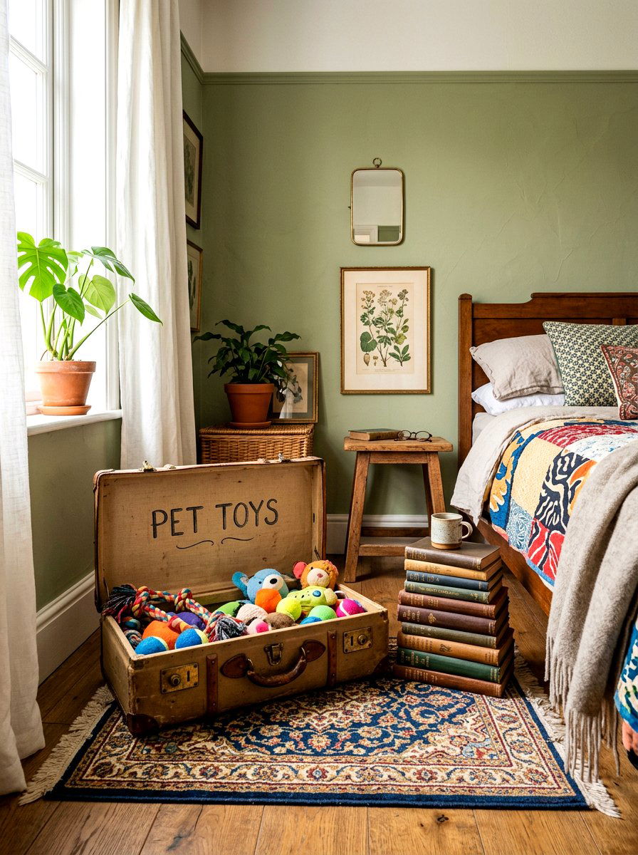 Vintage suitcase pet toy storage - 30 pet toy basket ideas