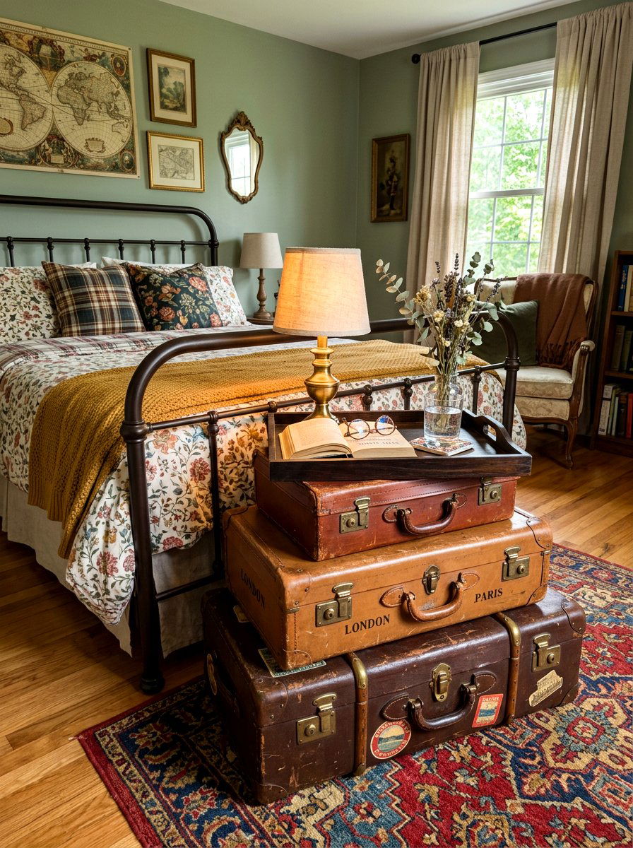 Vintage suitcase stack - 30 guest room nightstand ideas