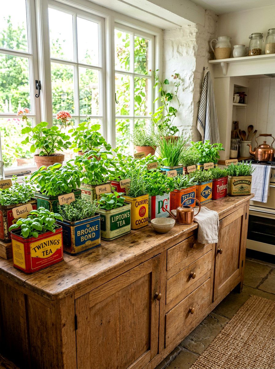 Vintage tea tin herb garden - 30 apartment herb garden ideas