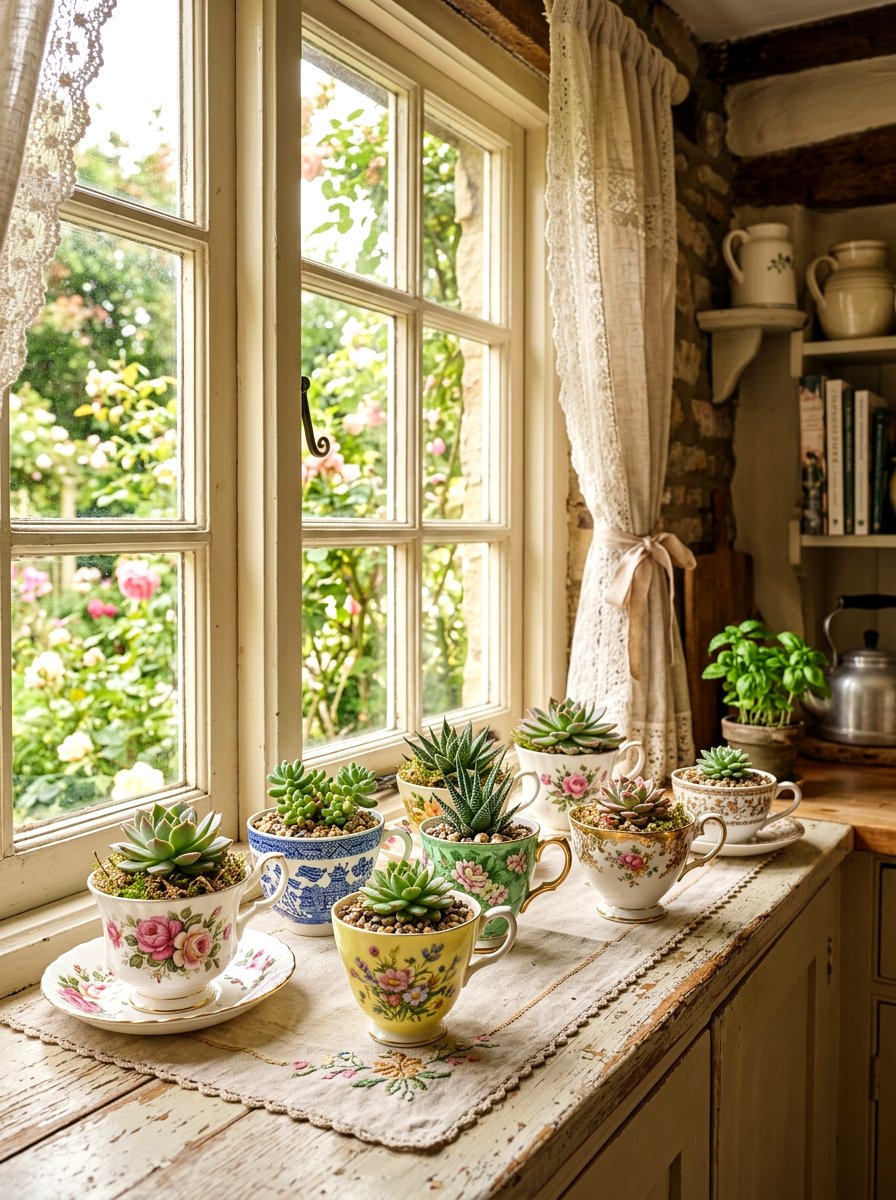Vintage teacup garden - 30 succulent windowsill ideas