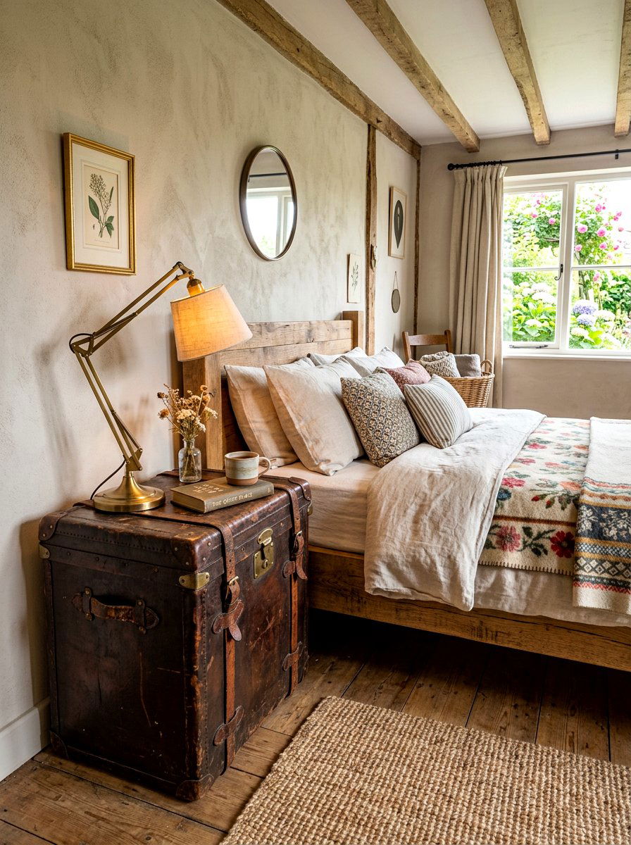 Vintage trunk nightstand bedroom - 30 beach cottage bedroom ideas