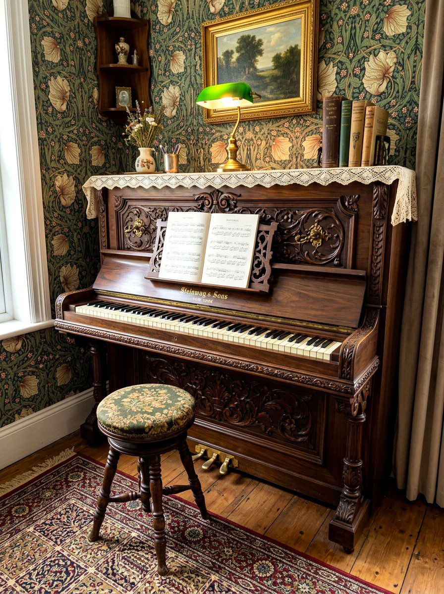Vintage upright piano styling - 30 piano living room ideas