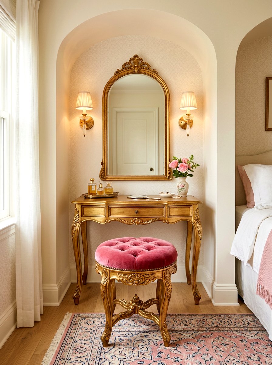 Vintage vanity stool - 30 bedroom alcove seating ideas