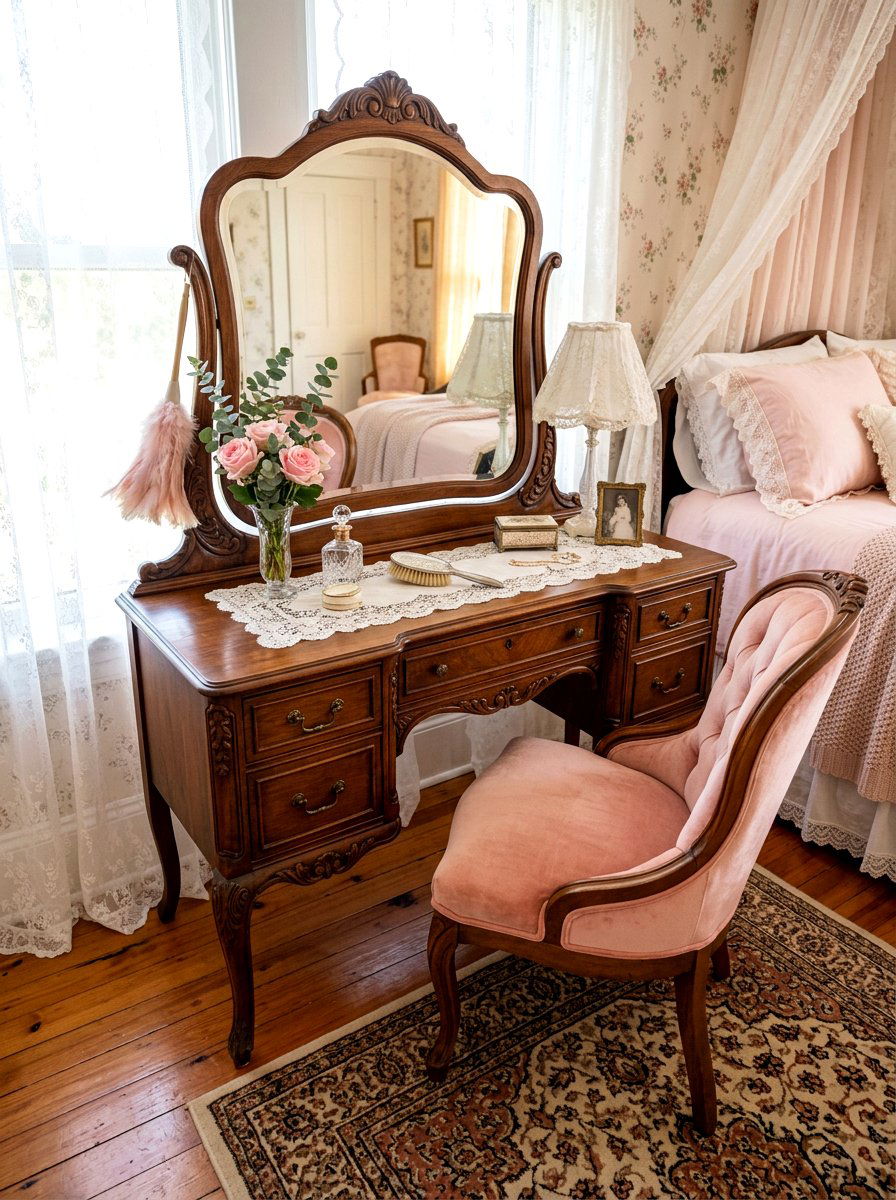Vintage vanity table - 30 bedroom vanity corner ideas