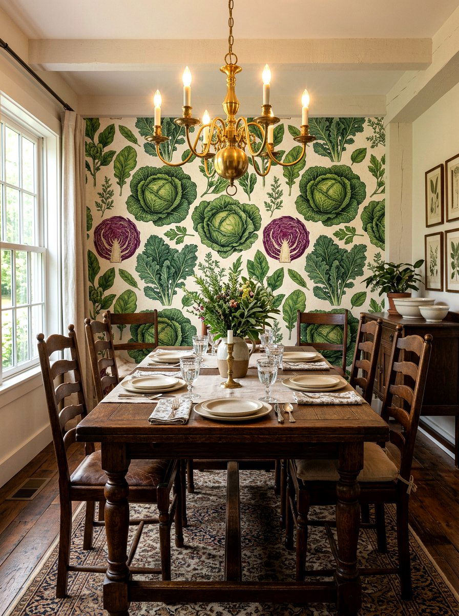 Vintage vegetable wallpaper accent wall - 30 cabbagecore dining room ideas