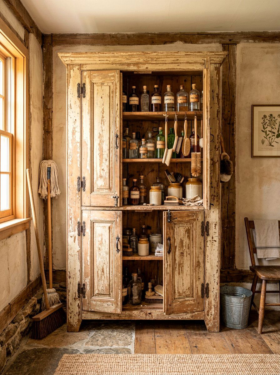 Vintage wood cleaning cupboard - 30 green cleaning station ideas