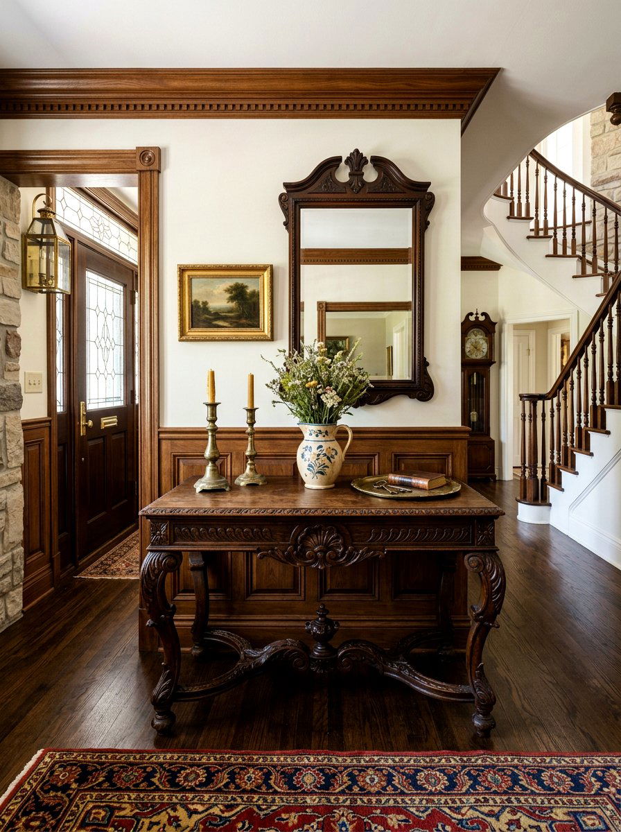 Vintage wooden console table - 30 foyer console styling ideas